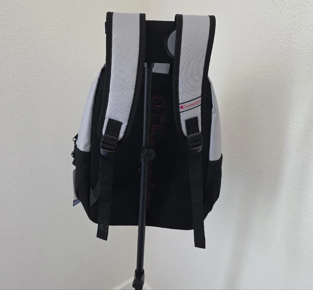Champion Light Gray and Black Backpack with Red Logo